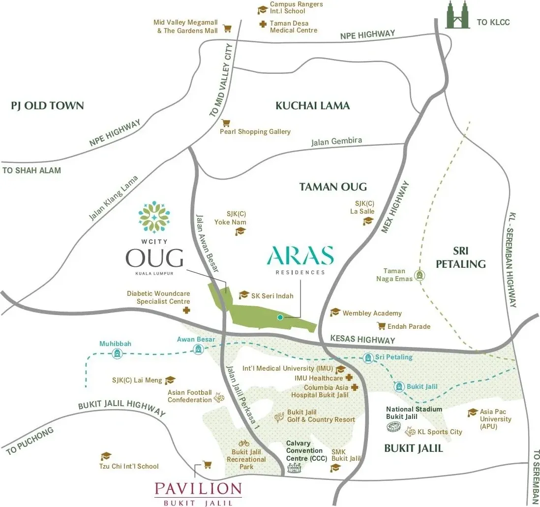 Location map of Aras Residences in WCity OUG with nearby Bukit Jalil landmarks and Pavilion Bukit Jalil