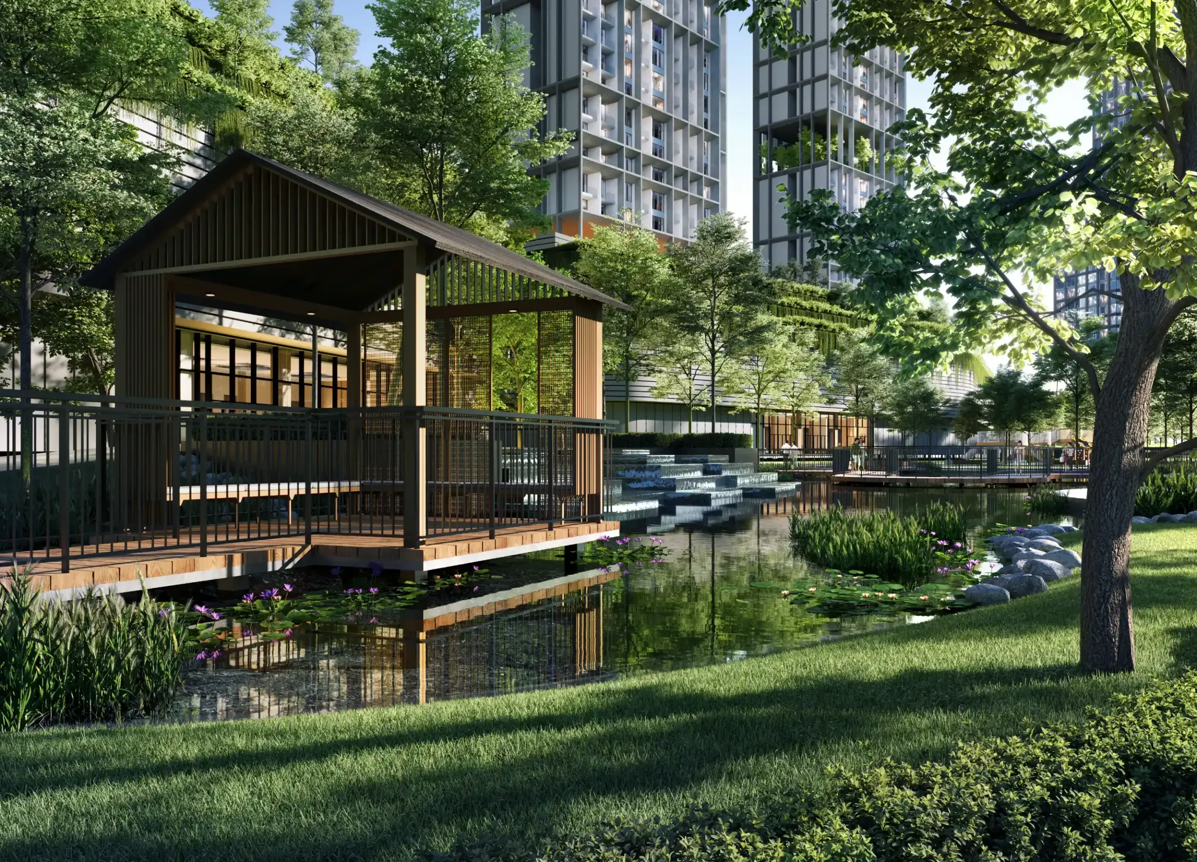 Pavilion by the pond in the WCity OUG urban park, concept image