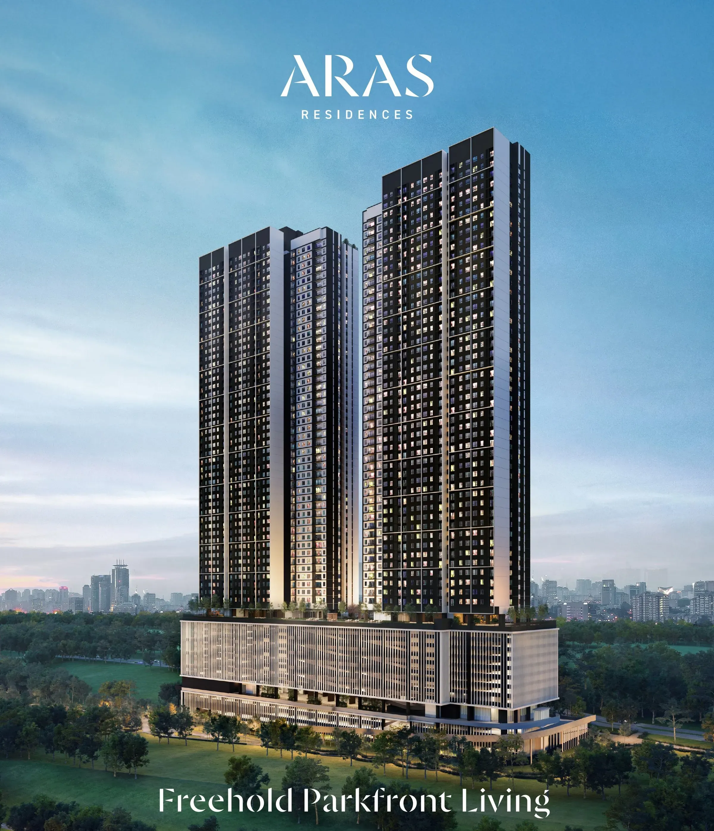 The Aras Residences towers in WCity OUG at dusk