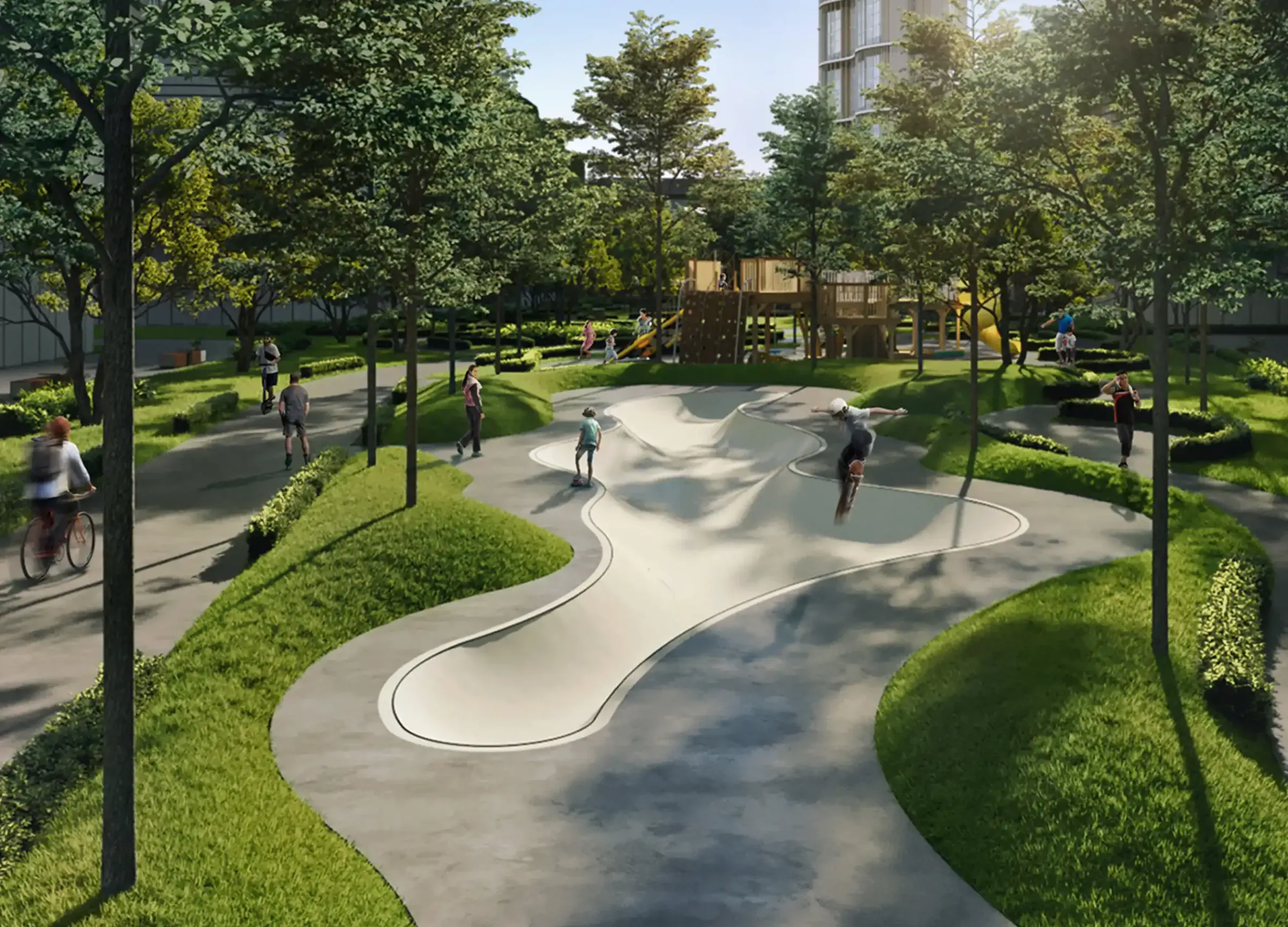 Skate bowl and green lawns in the WCity OUG urban park, concept image