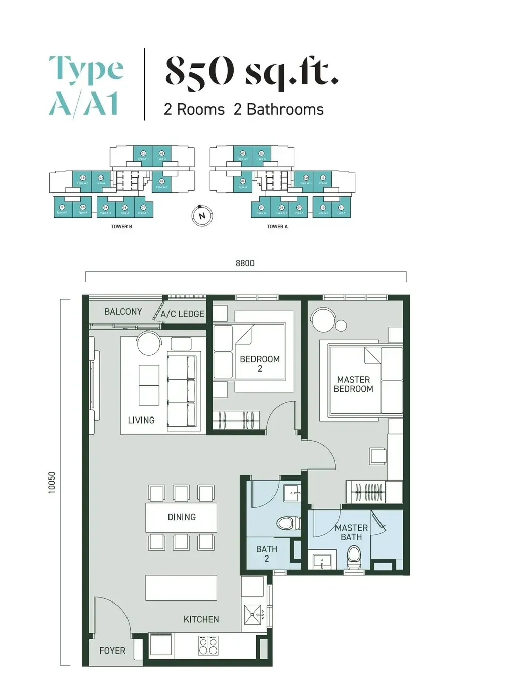 Aras Residences Type A / A1 floor plan, 850 sqft, 2 Bedroom