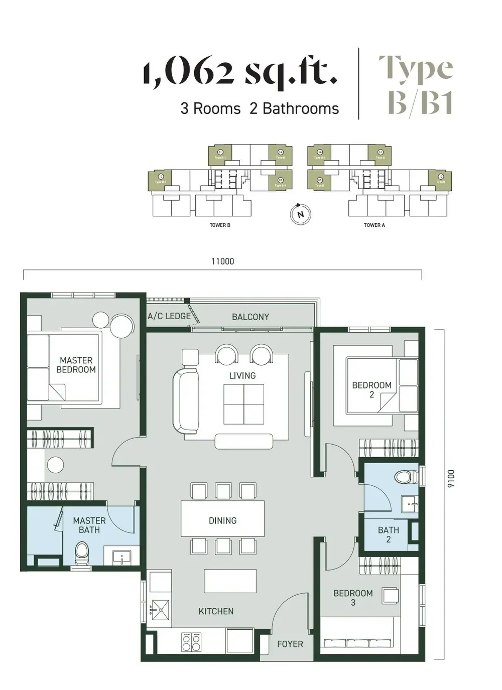 Aras Residences Type B / B1 floor plan, 1,062 sqft, 3 Bedroom