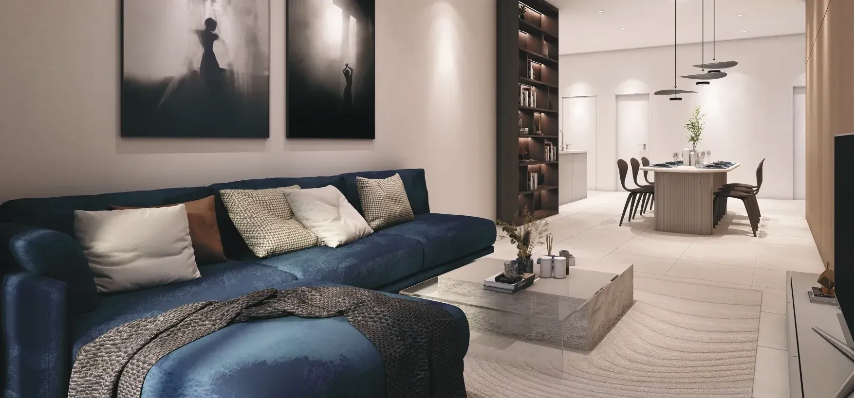 Living room with a blue sofa