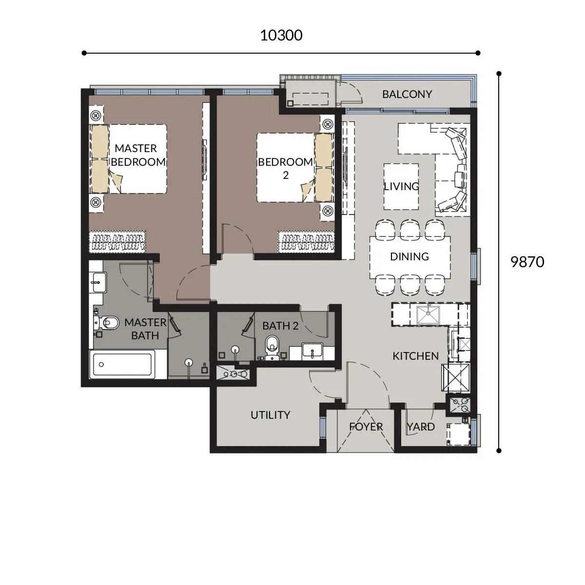 Bangsar Hill Park Type 2A floor plan, 978 sqft, 2 Bedroom + Utility
