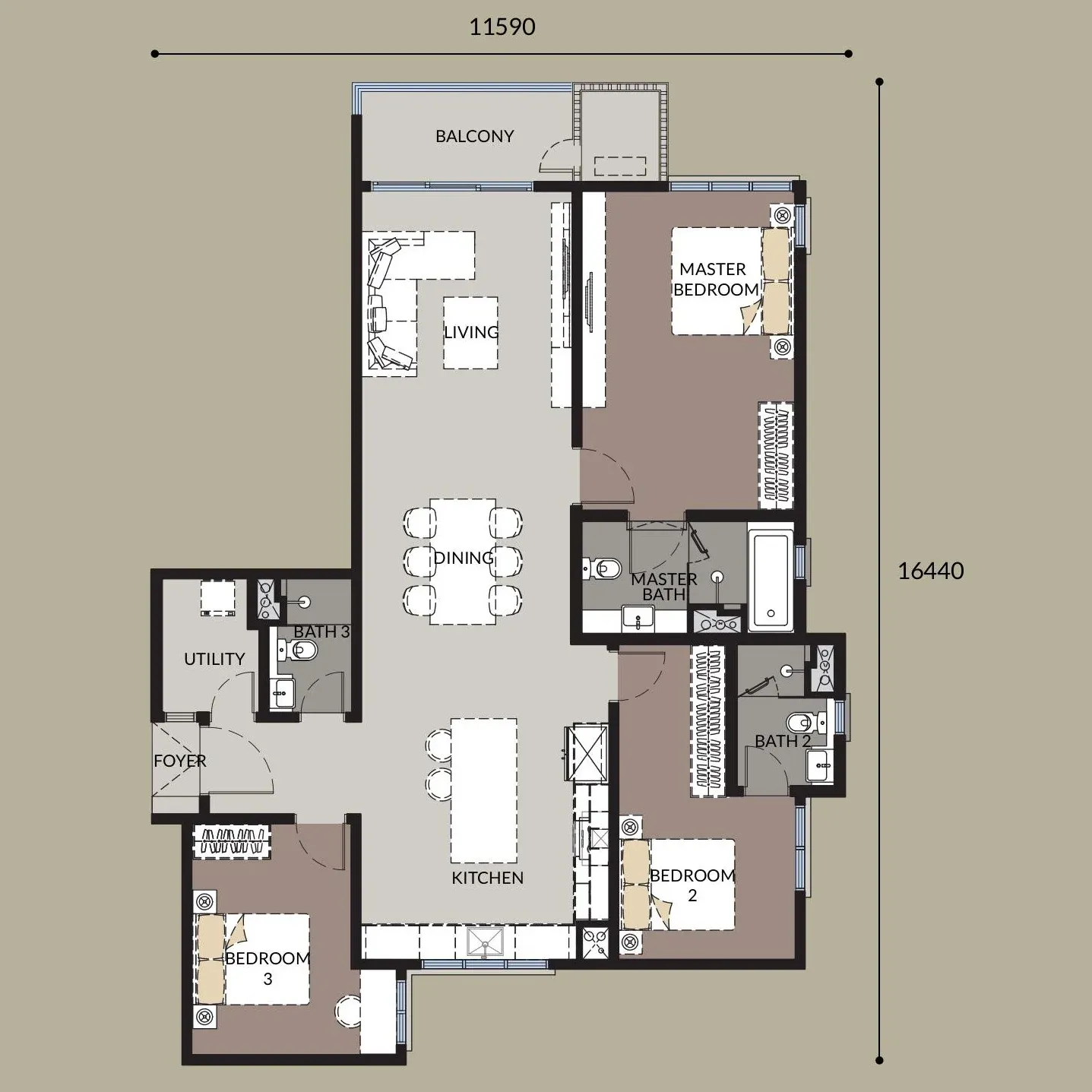 Bangsar Hill Park Type 3A floor plan, 1,435 sqft, 3 Bedroom + Utility