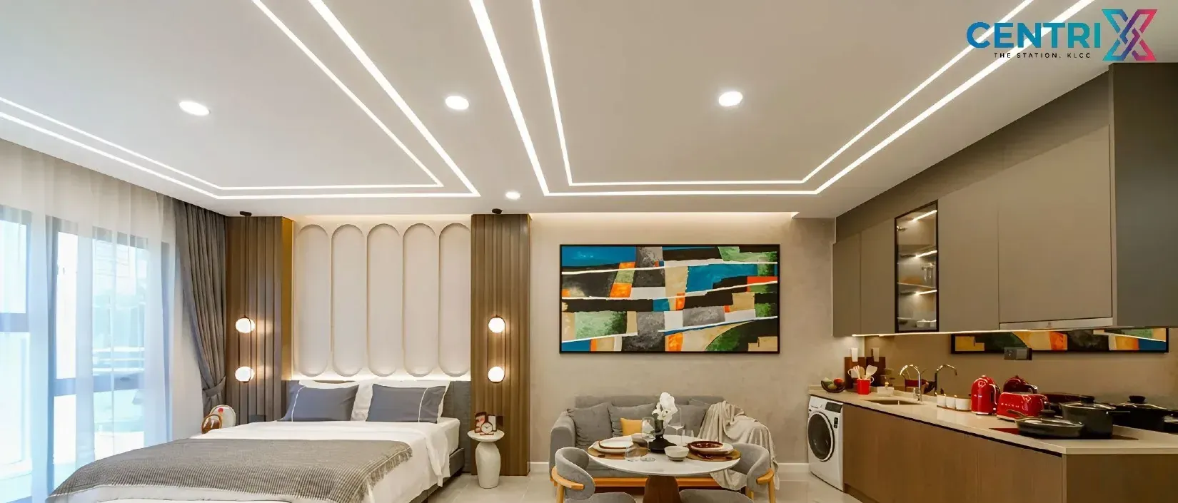 Bedroom, dining and kitchen in a Type S15 show unit