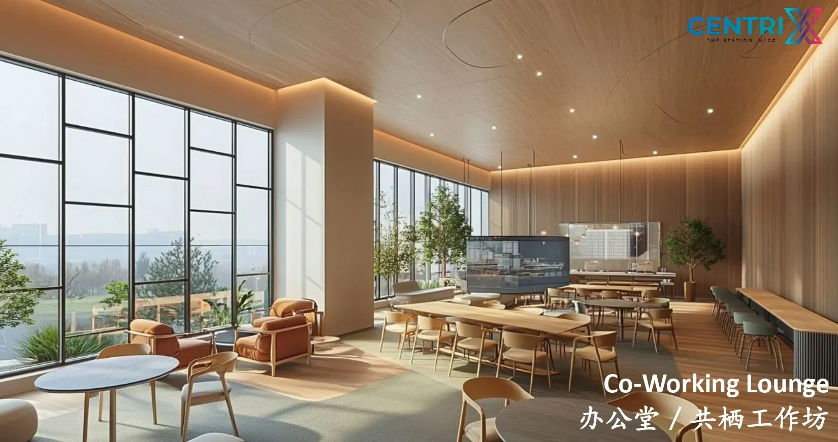 Co-working lounge with a long shared table