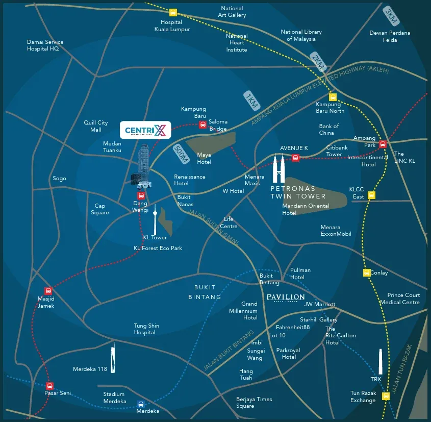Location map showing CENTRIX at Dang Wangi LRT, with the 500m, 1km, 2km and 3km rings around it