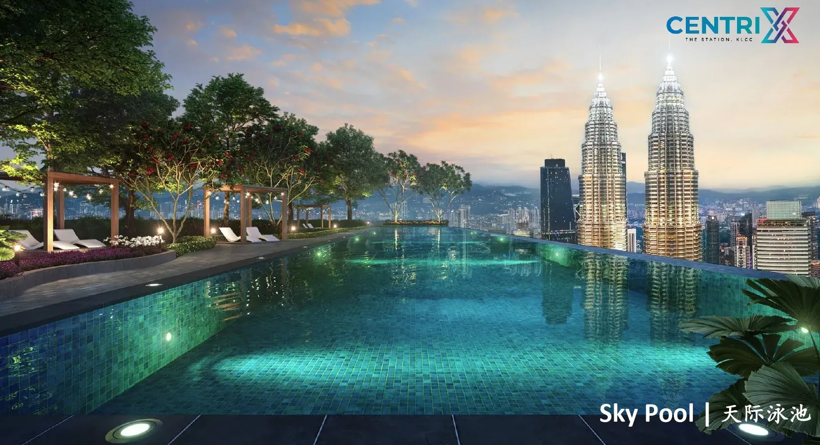 Sky pool with loungers and trees at dusk