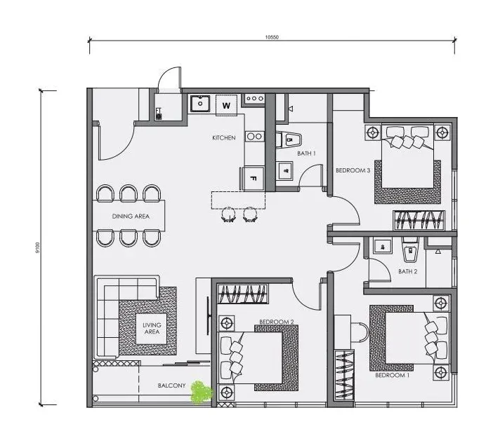 CENTRIX Type S1 floor plan, 1,000 sqft, 3 Bedrooms · 2 Bathrooms