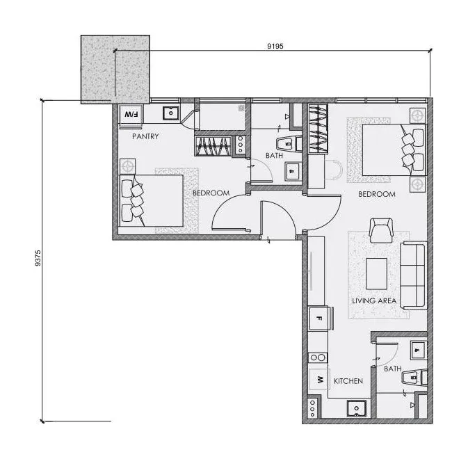 CENTRIX Type ST12 floor plan, 608 sqft, 1 Suite + 1 Studio · 2 Bathrooms (Dual Key)