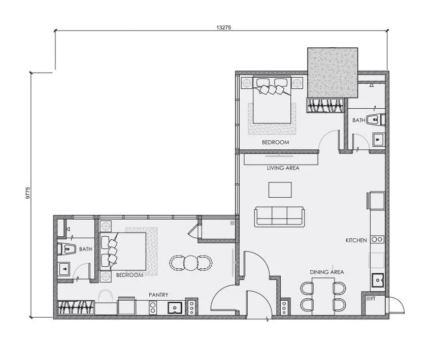 CENTRIX Type ST13 floor plan, 916 sqft, 1 Suite + 1 Studio · 2 Bathrooms (Dual Key)