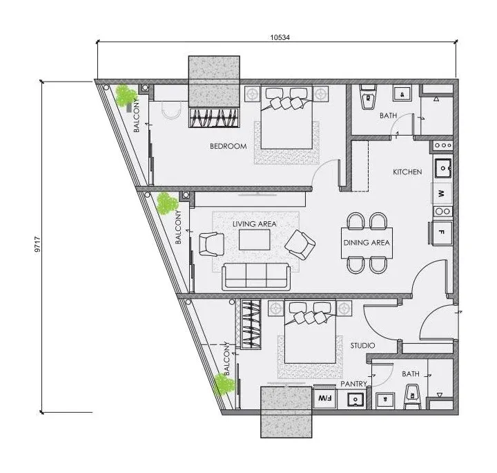 CENTRIX Type ST7 floor plan, 888 sqft, 1 Suite + 1 Studio · 2 Bathrooms (Dual Key)