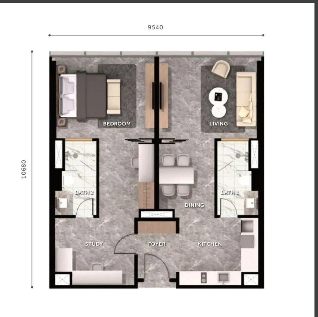 CloutHaus KL City Centre Type B floor plan, 1 Bedroom + Study