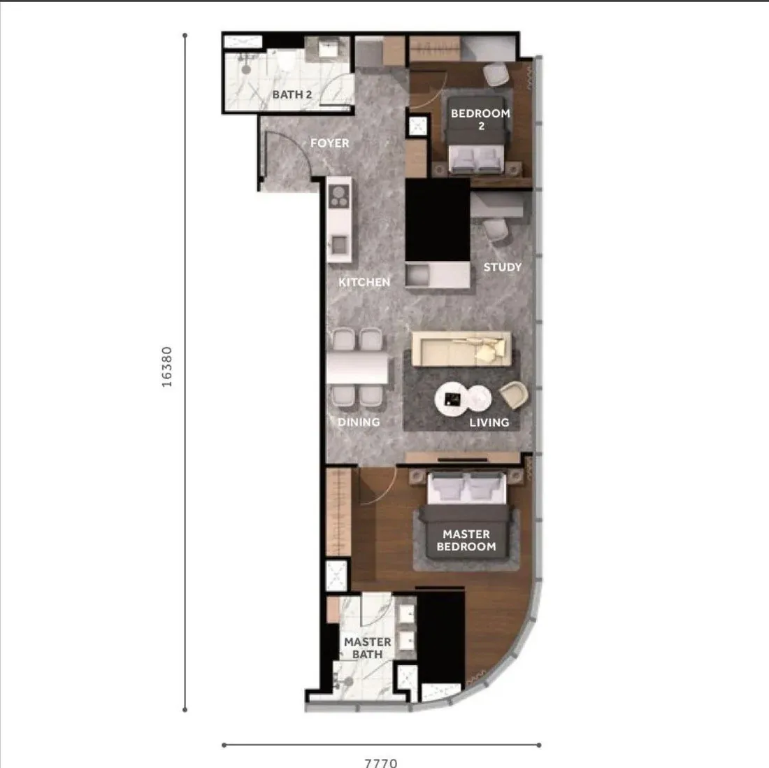 CloutHaus KL City Centre Type L floor plan, 2 Bedroom + Study