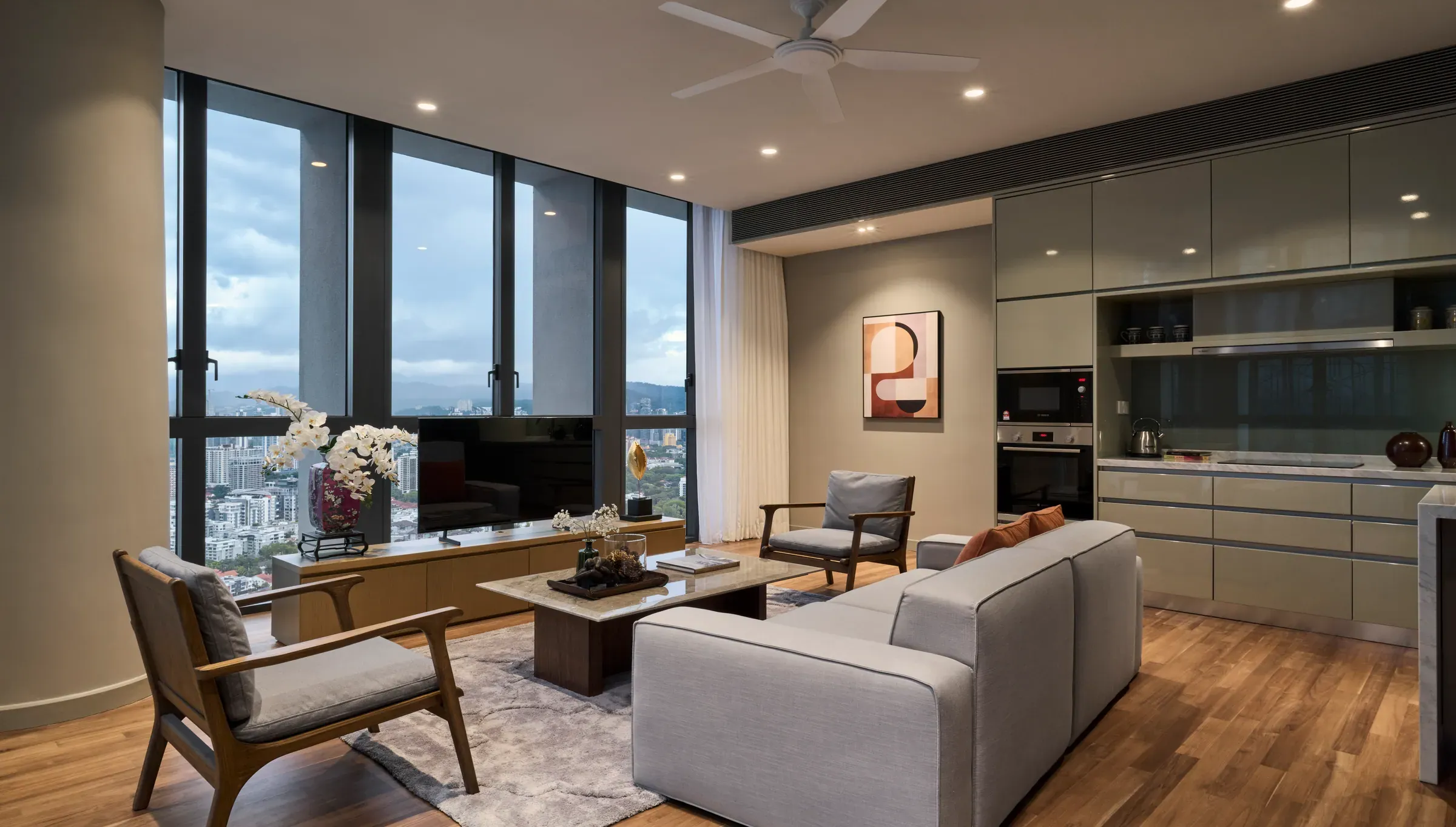 Living area with the open kitchen beyond