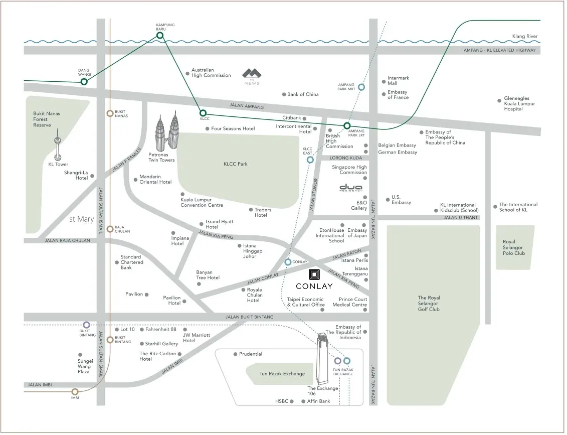 Location map showing Conlay Signature Suites on Jalan Conlay near KL City Centre Park