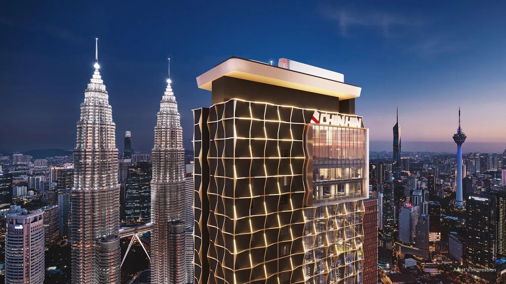 DIVINE KLCC tower facade at dusk in KL City Centre