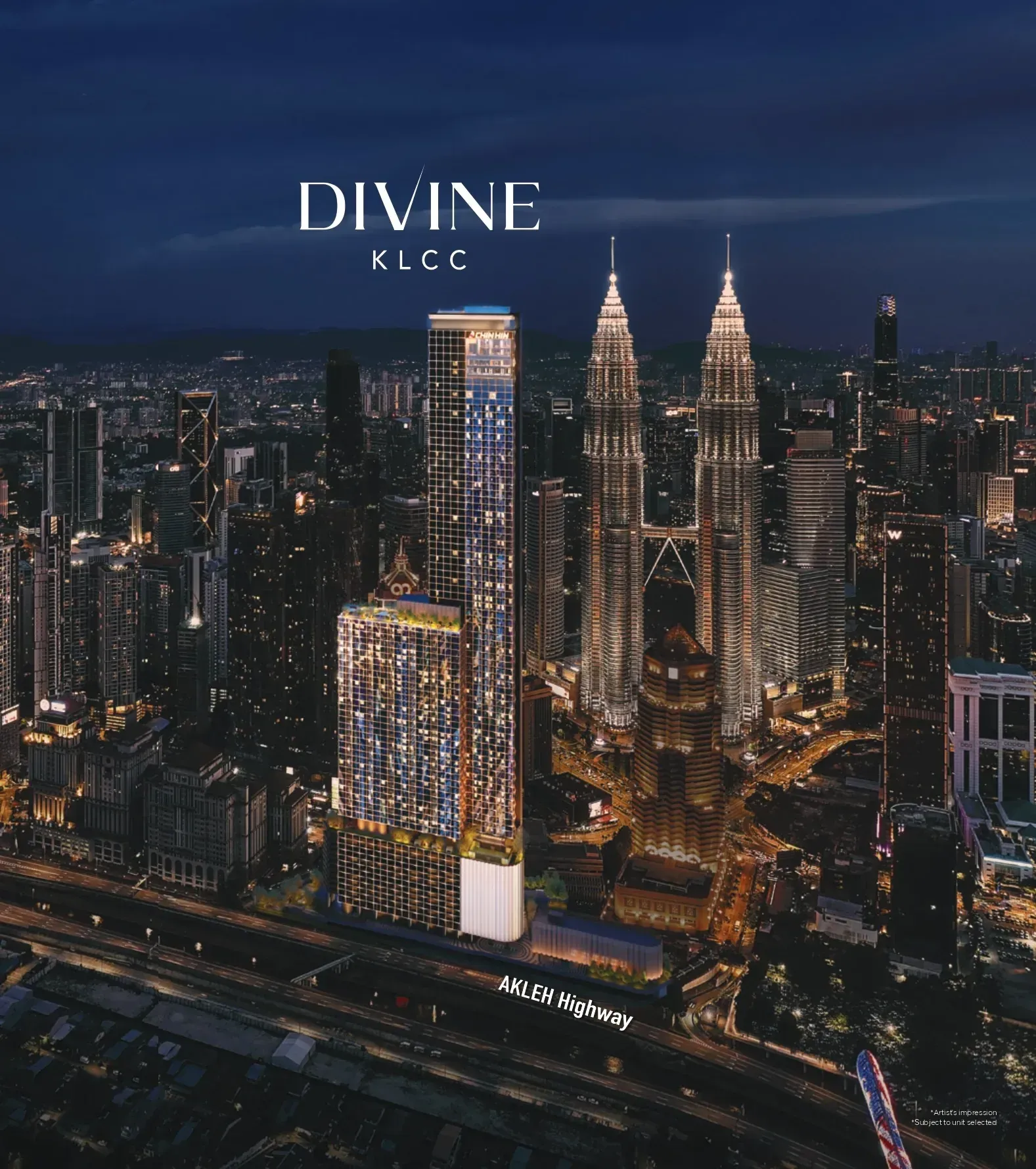 DIVINE KLCC tower in the Kuala Lumpur skyline at night