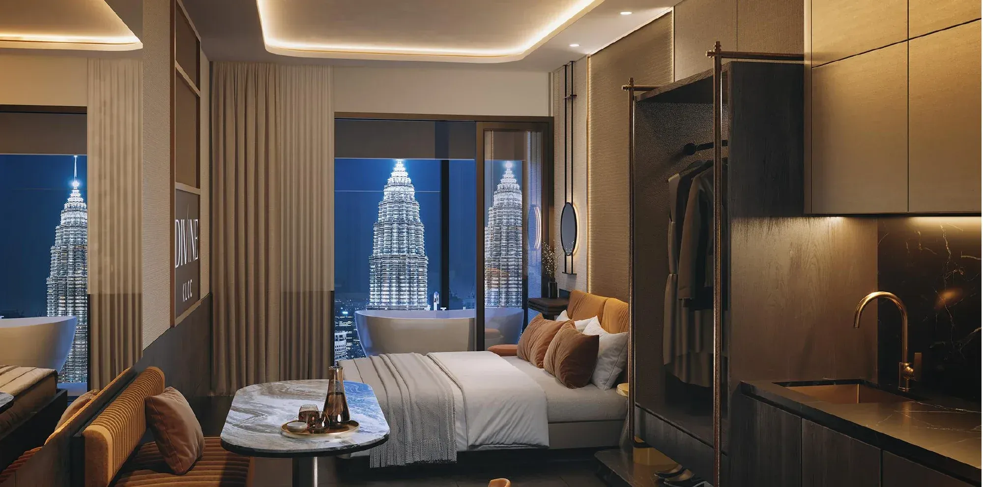 DIVINE KLCC Type B3 show unit bedroom, dark theme