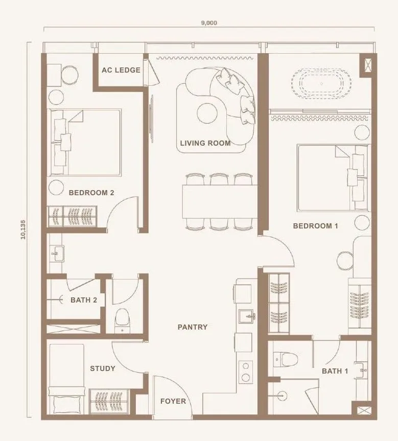 DIVINE Type C floor plan, 91.2 sqm / 982 sqft, 2+1 Bedrooms · 2 Bathrooms