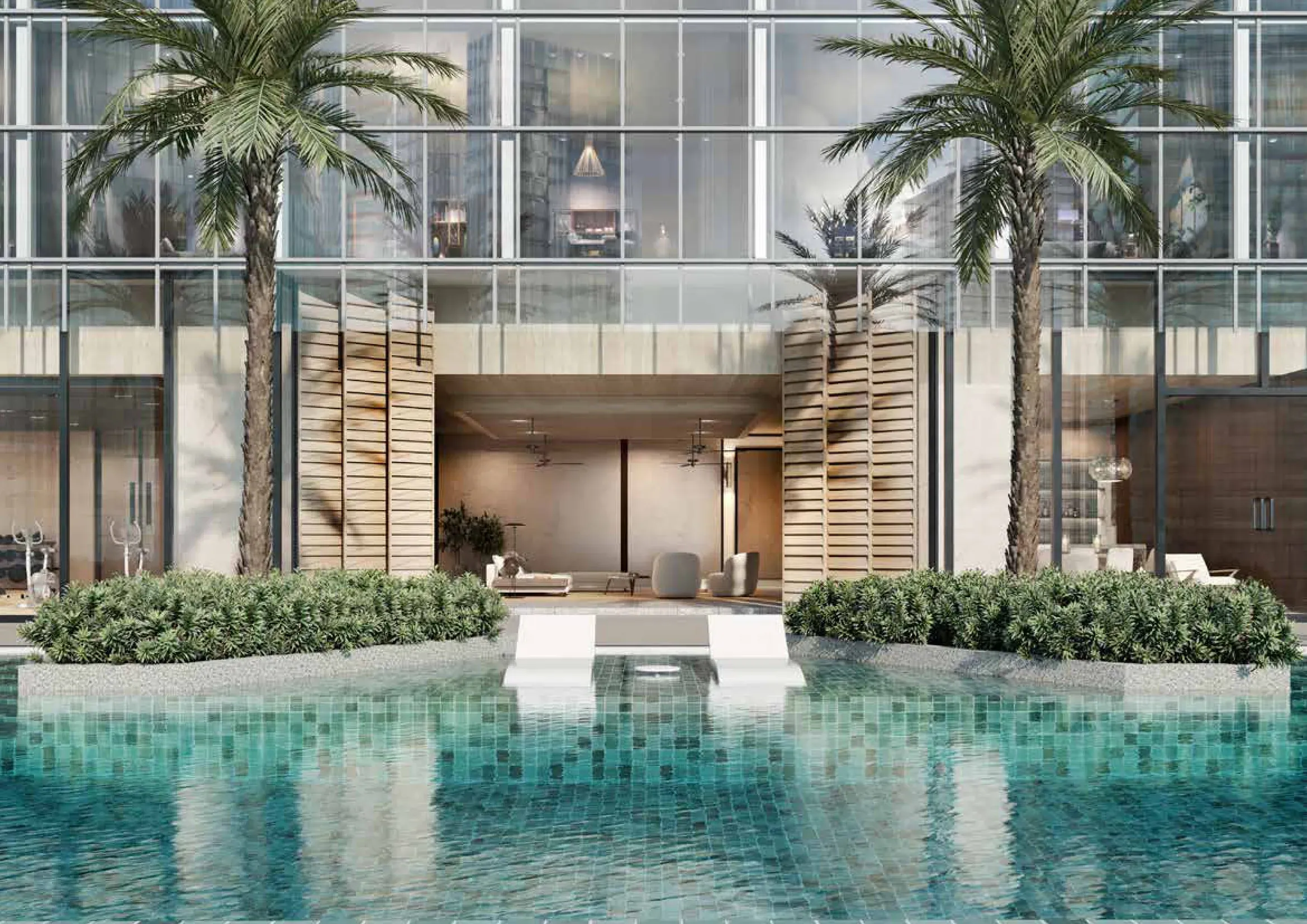 Infinity pool deck framed by palms