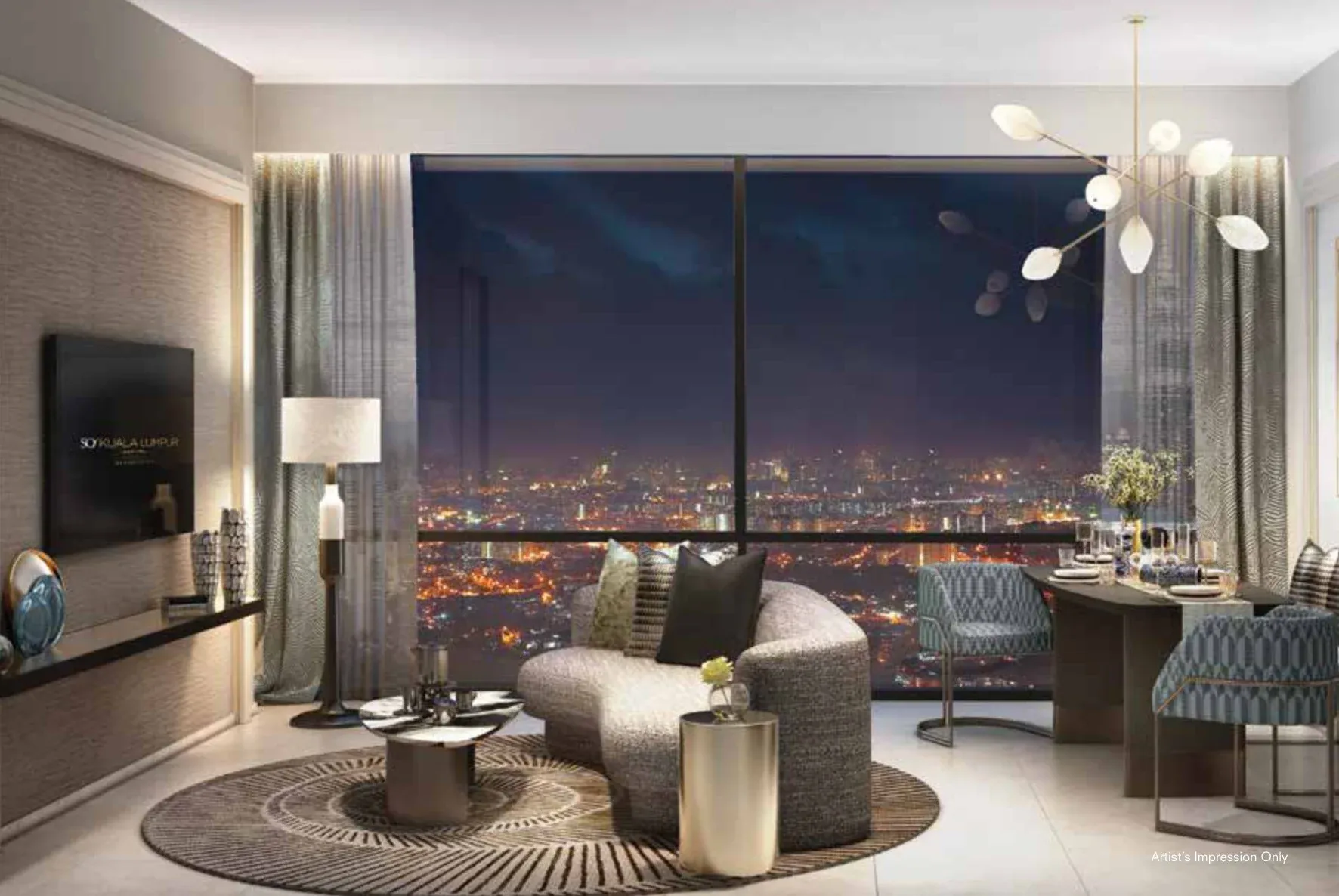 Living room with a night view over Kuala Lumpur