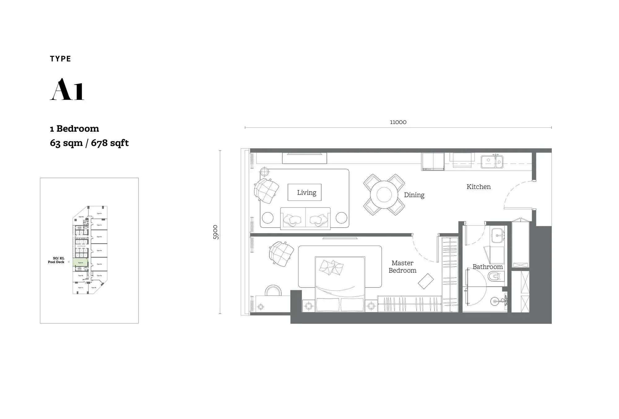 Jewel by Oxley KL City Centre Type A1 floor plan, 63 sqm / 678 sqft, 1 Bedroom