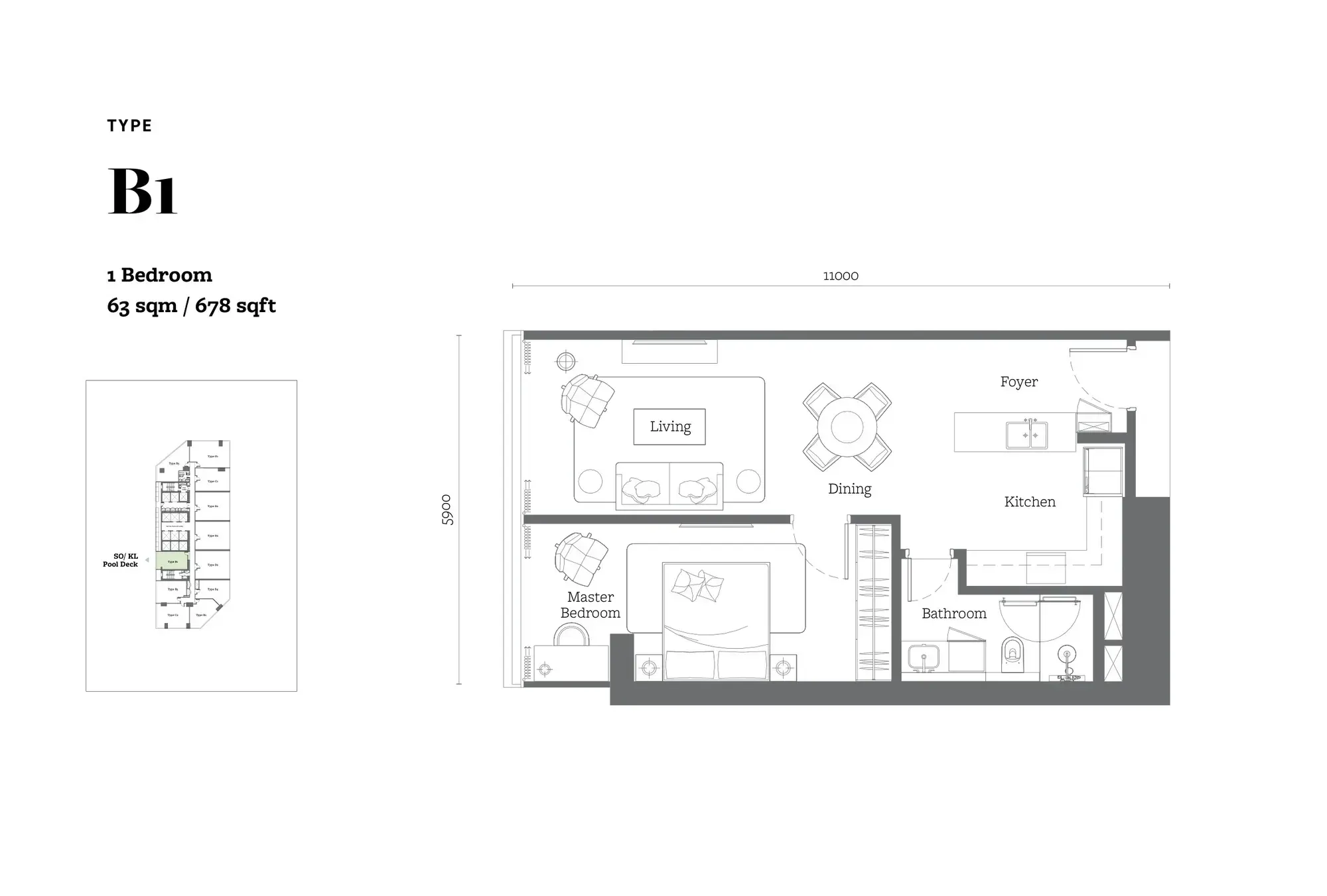 Jewel by Oxley KL City Centre Type B1 floor plan, 63 sqm / 678 sqft, 1 Bedroom