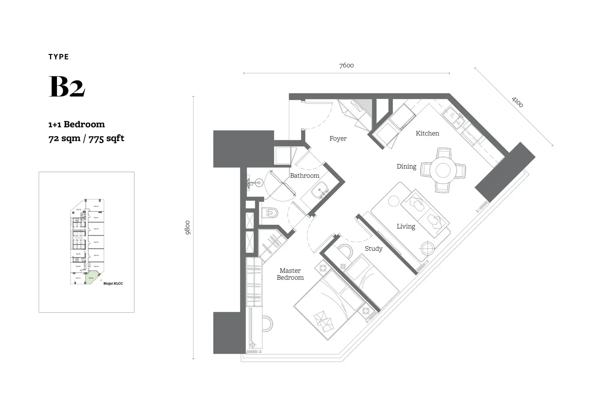 Jewel by Oxley KL City Centre Type B2 floor plan, 72 sqm / 775 sqft, 1+1 Bedroom