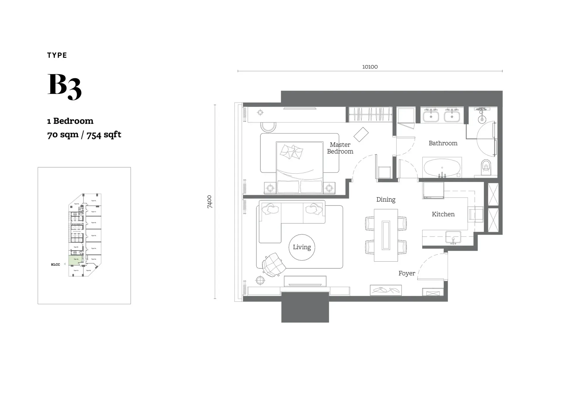Jewel by Oxley KL City Centre Type B3 floor plan, 70 sqm / 754 sqft, 1 Bedroom