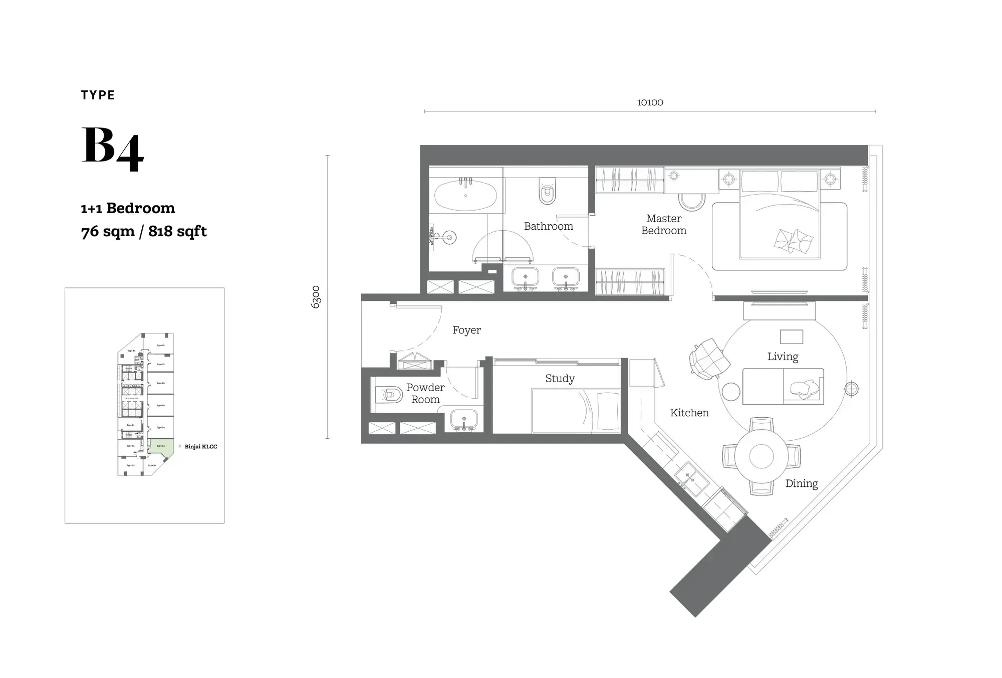 Jewel by Oxley KL City Centre Type B4 floor plan, 76 sqm / 818 sqft, 1+1 Bedroom