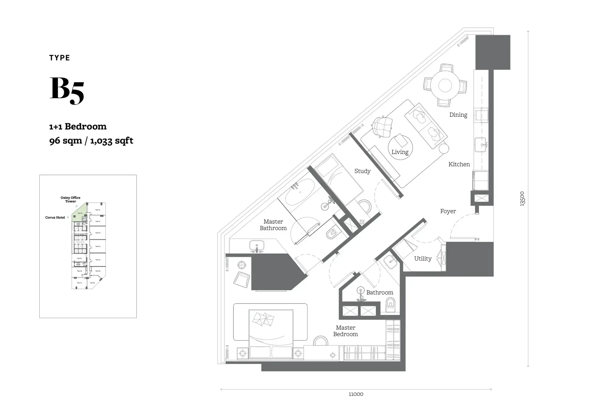 Jewel by Oxley KL City Centre Type B5 floor plan, 96 sqm / 1,033 sqft, 1+1 Bedroom