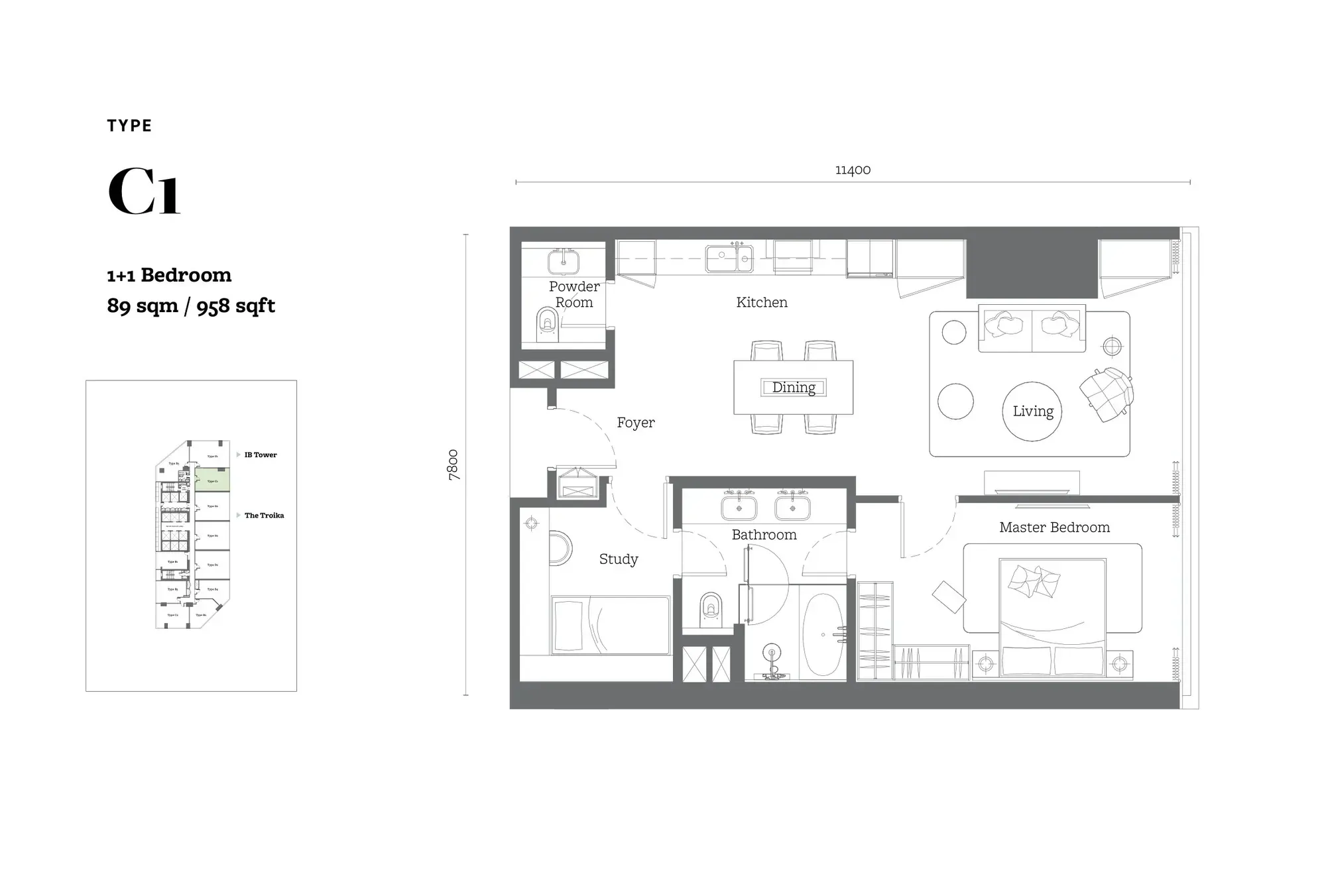 Jewel by Oxley KL City Centre Type C1 floor plan, 89 sqm / 958 sqft, 1+1 Bedroom
