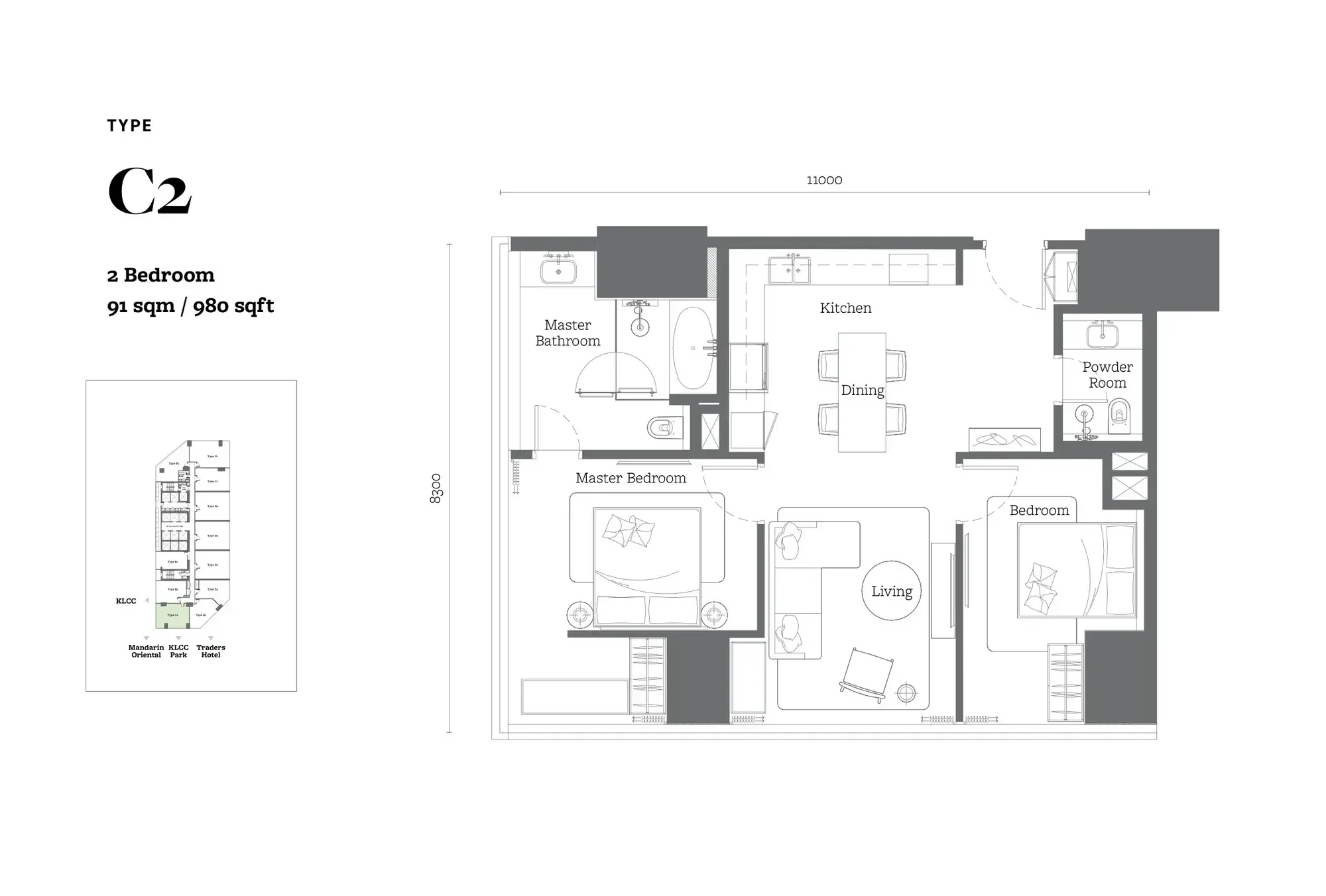 Jewel by Oxley KL City Centre Type C2 floor plan, 91 sqm / 980 sqft, 2 Bedroom
