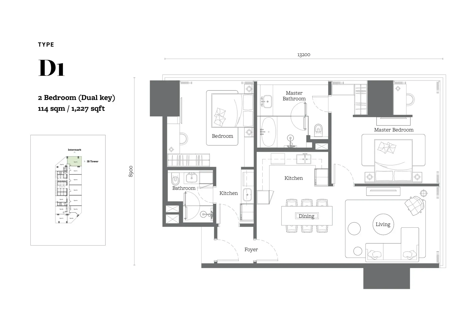 Jewel by Oxley KL City Centre Type D1 floor plan, 114 sqm / 1,227 sqft, 2 Bedroom