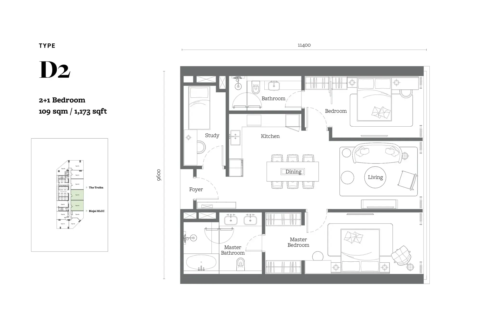 Jewel by Oxley KL City Centre Type D2 floor plan, 109 sqm / 1,173 sqft, 2+1 Bedroom