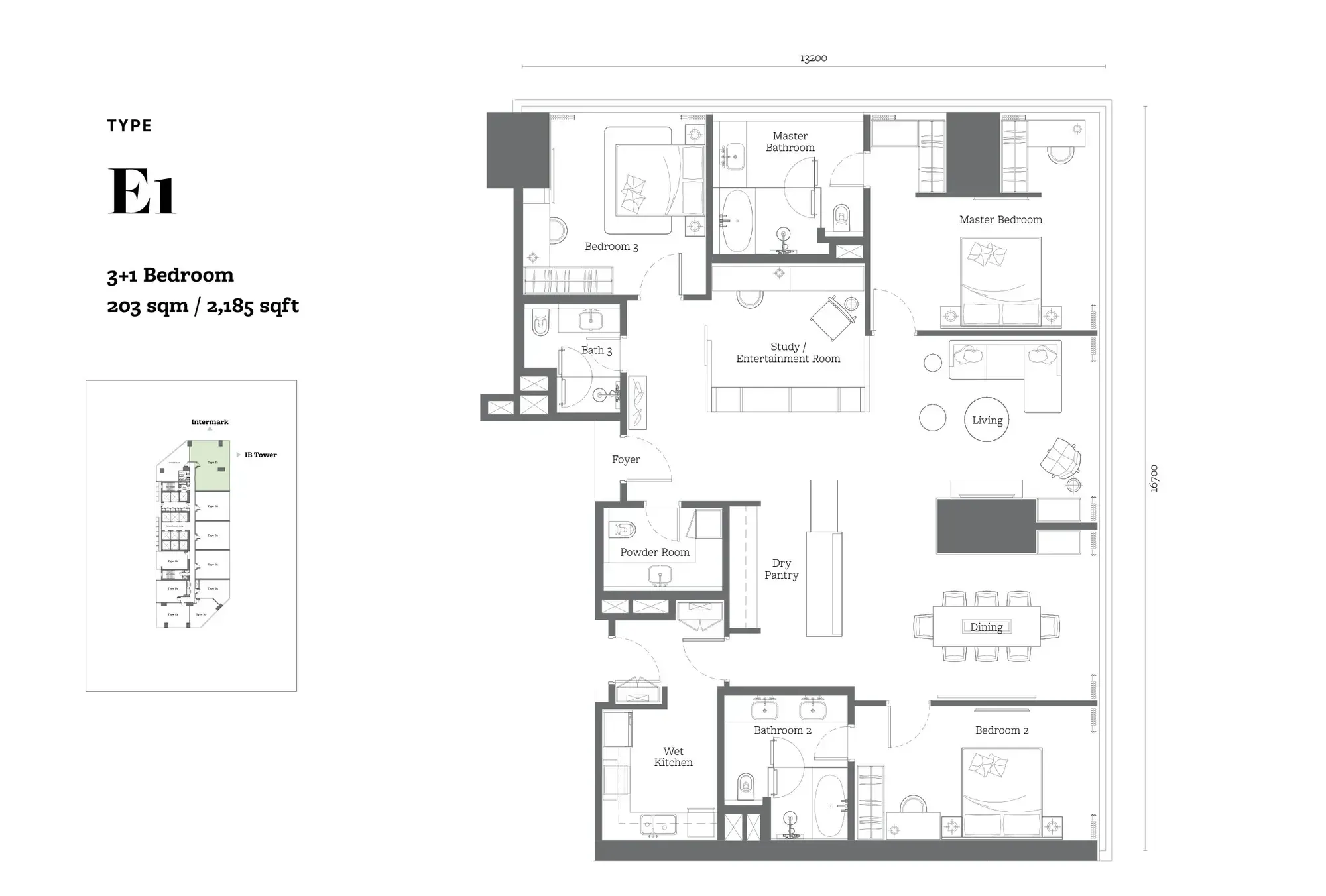 Jewel by Oxley KL City Centre Type E1 floor plan, 203 sqm / 2,185 sqft, 3+1 Bedroom