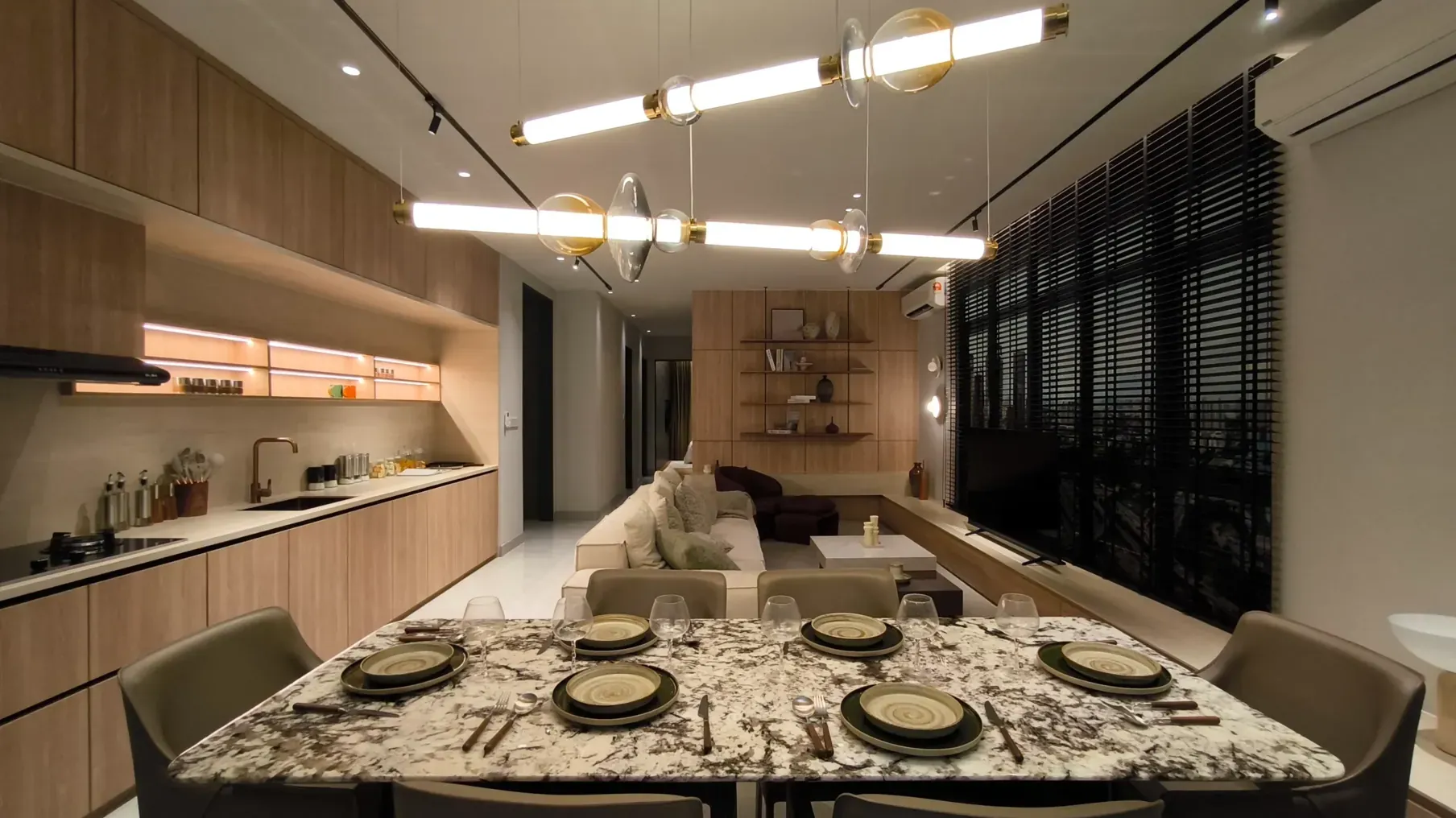 Dining and kitchen with pendant lights