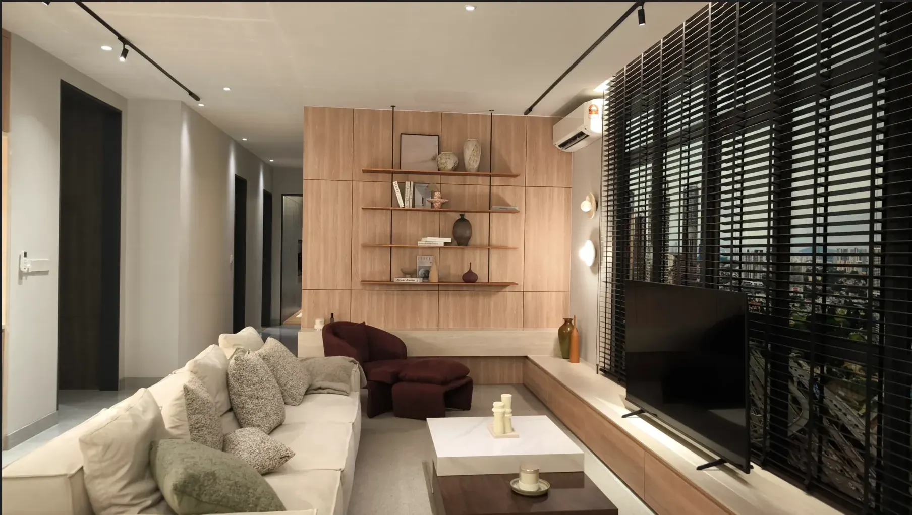 Living room with timber feature wall