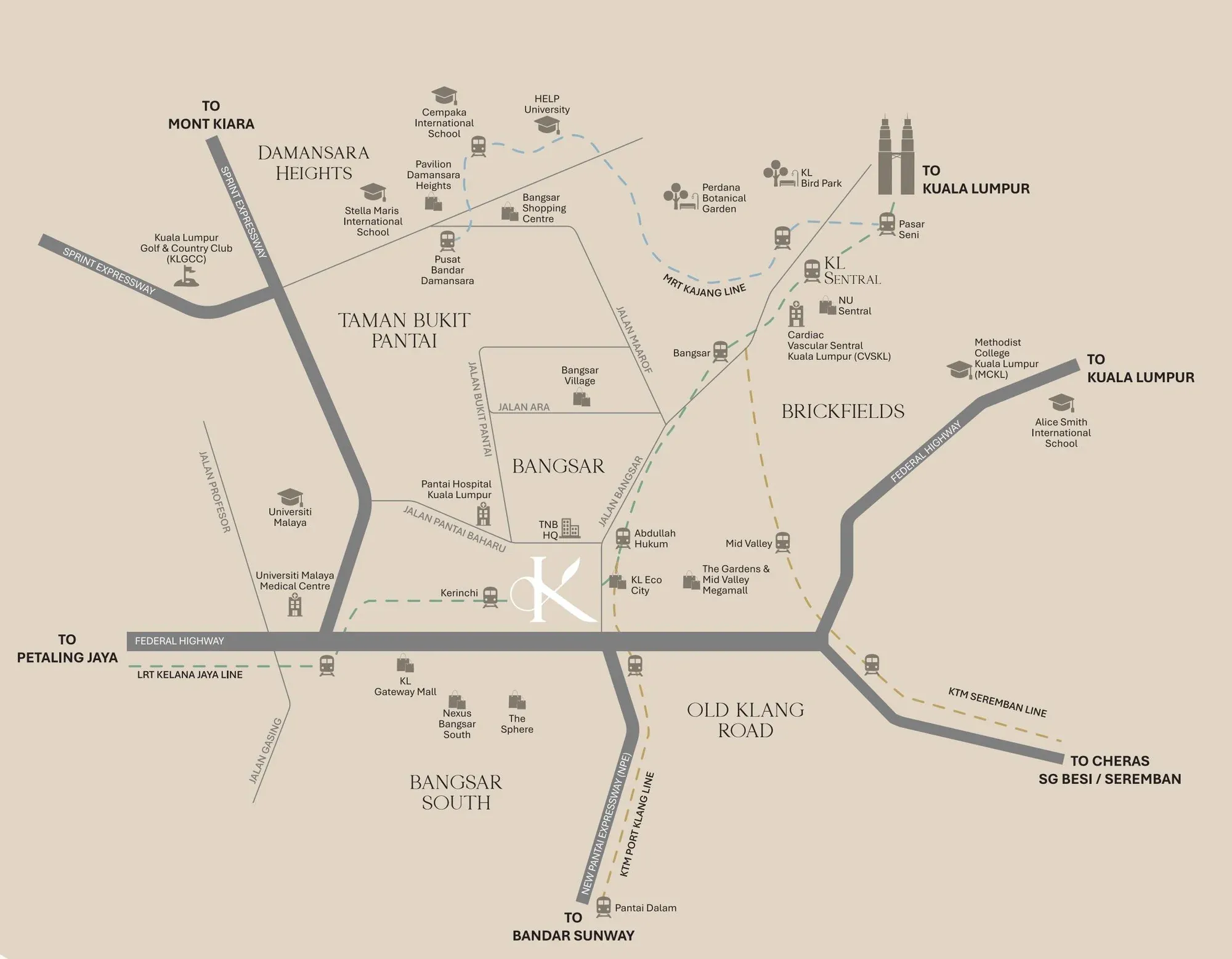 Location map of Khaya Residence on Jalan Bangsar near Abdullah Hukum LRT, Mid Valley and KL Sentral