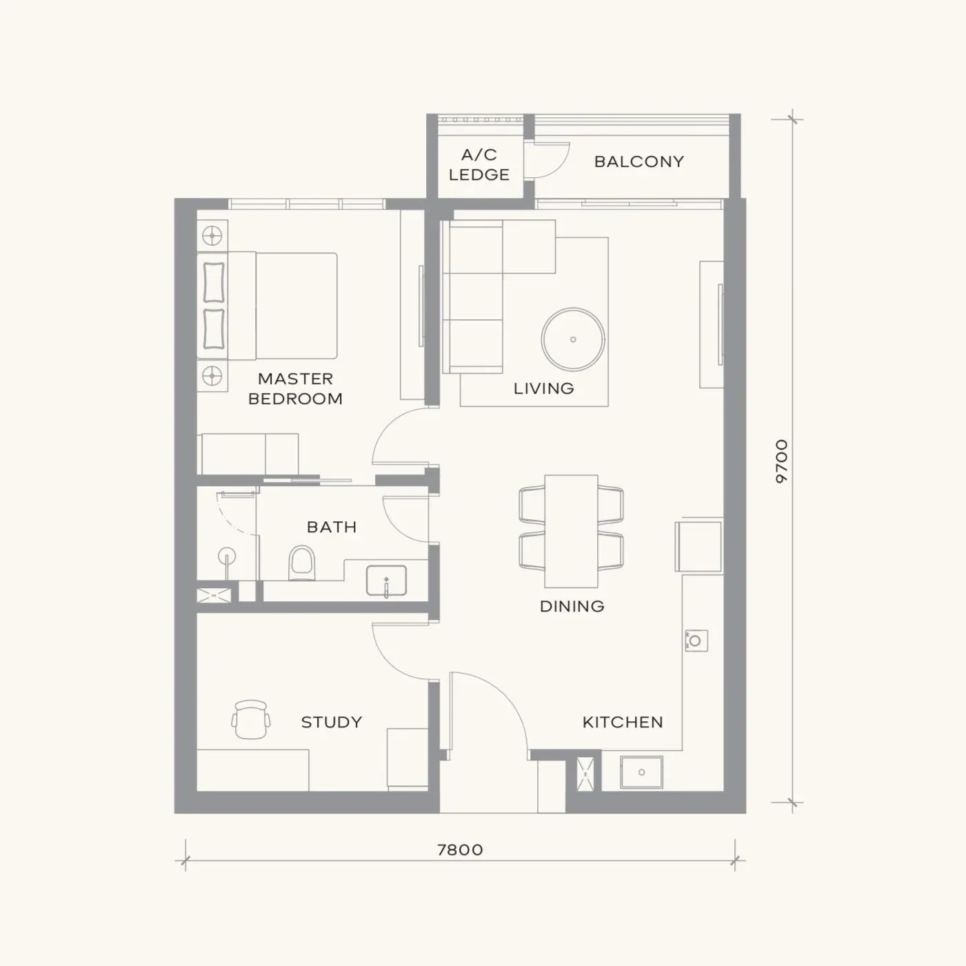 Khaya Residence Type A floor plan, 772 sqft, 1+1 Bedroom