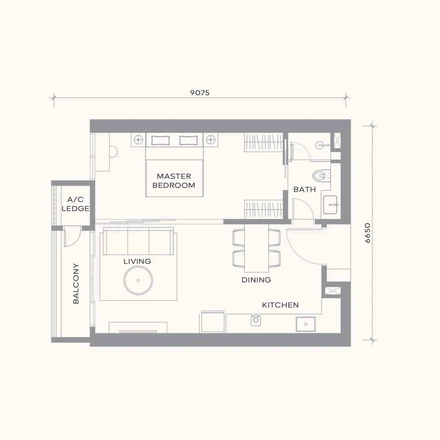 Khaya Residence Type B floor plan, 630 sqft, 1 Bedroom