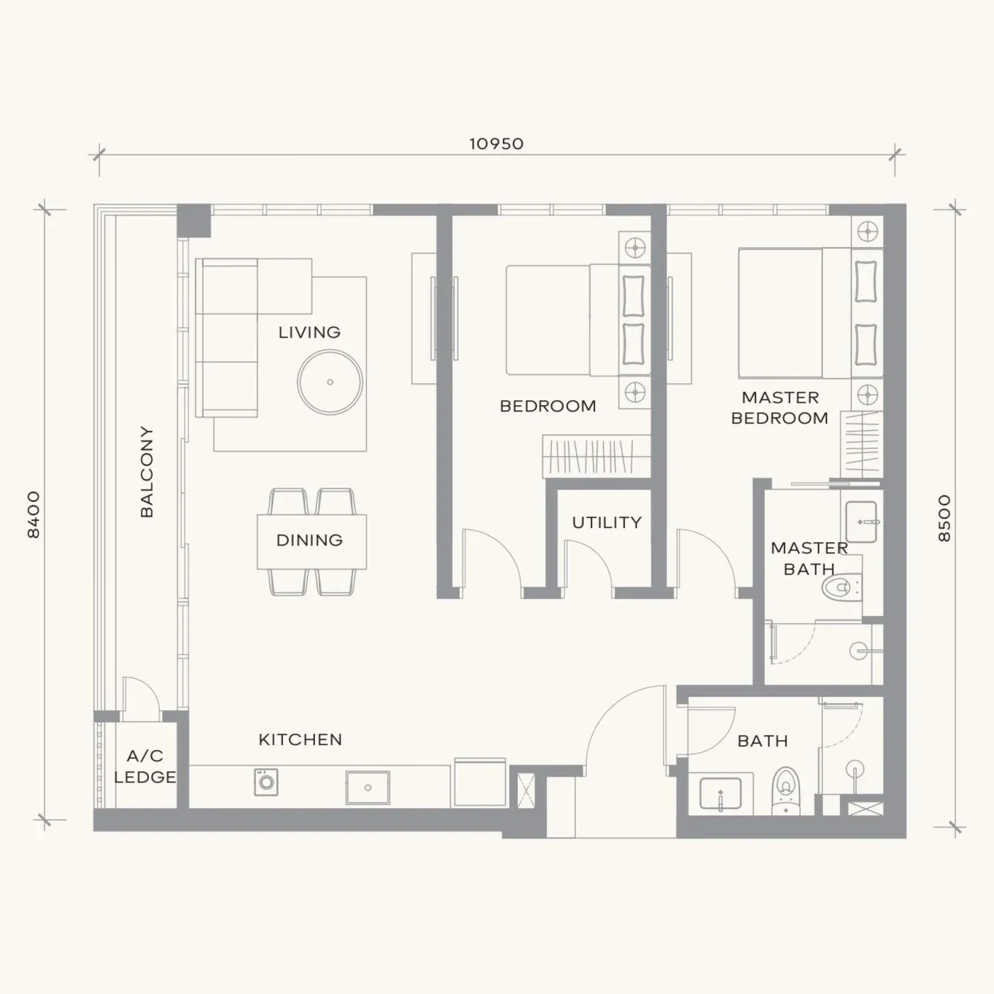 Khaya Residence Type E floor plan, 2 Bedroom