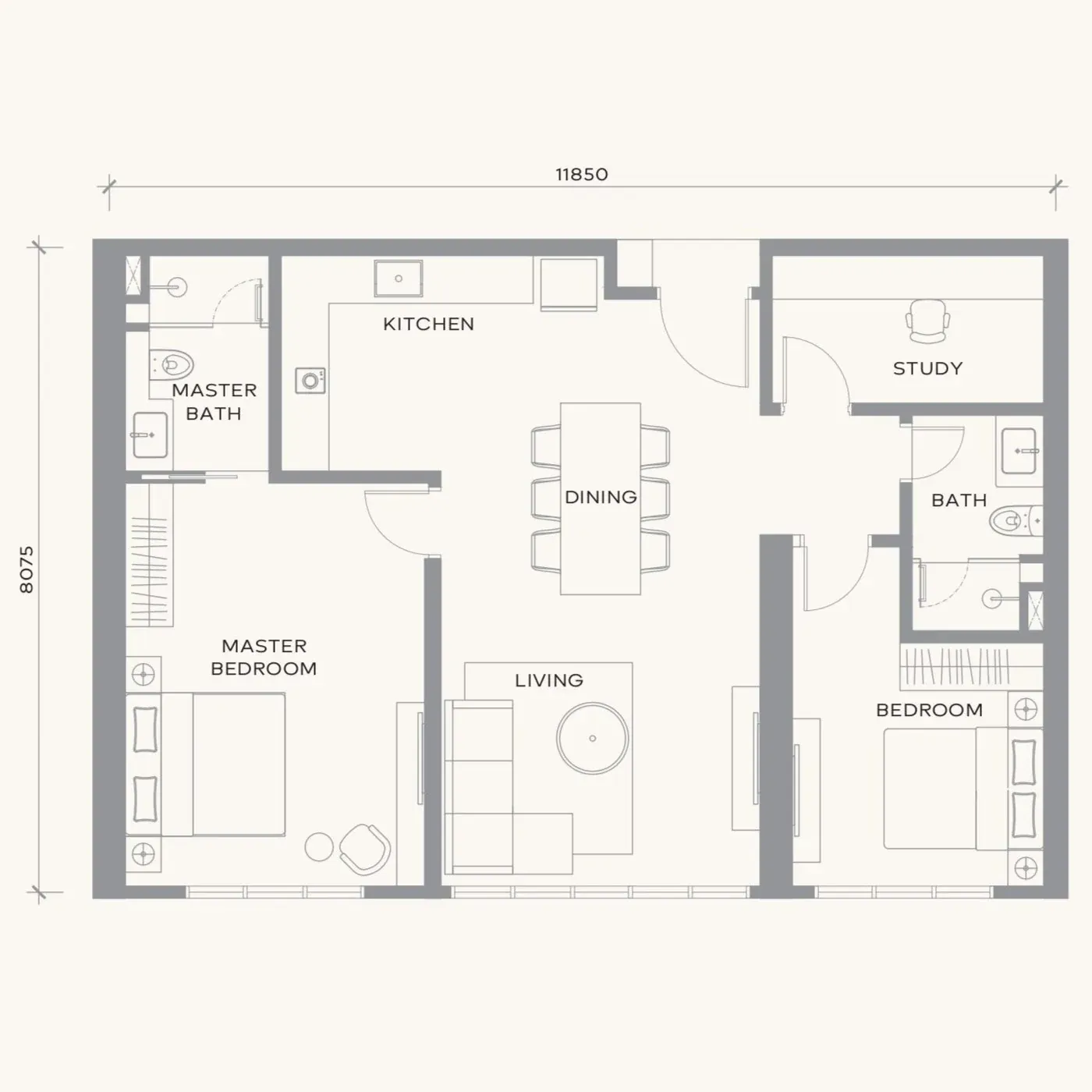 Khaya Residence Type F floor plan, 2 Bedroom + Study