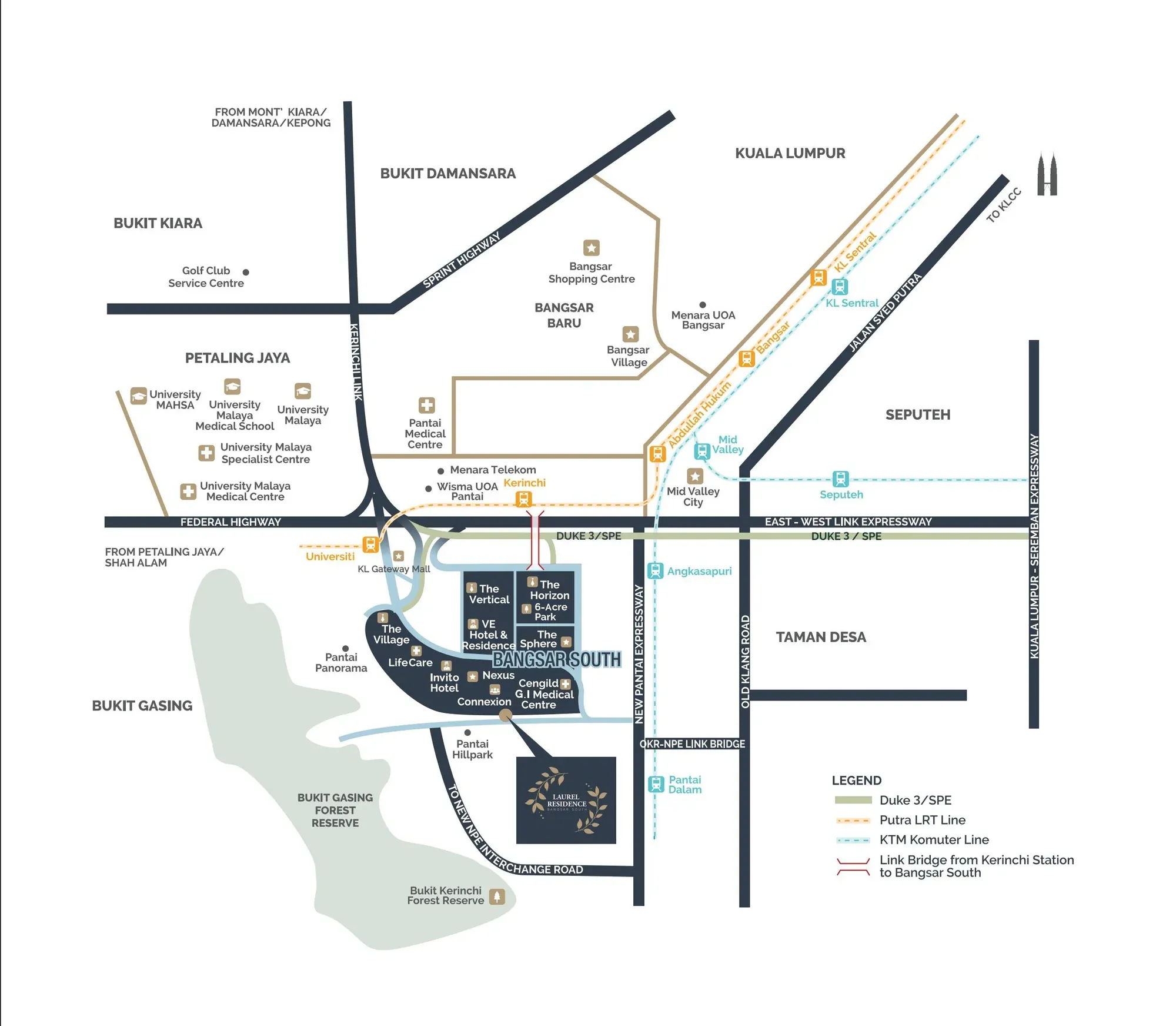 Location map of Laurel Residence in Bangsar South near Kerinchi LRT, Mid Valley and Bukit Kerinchi