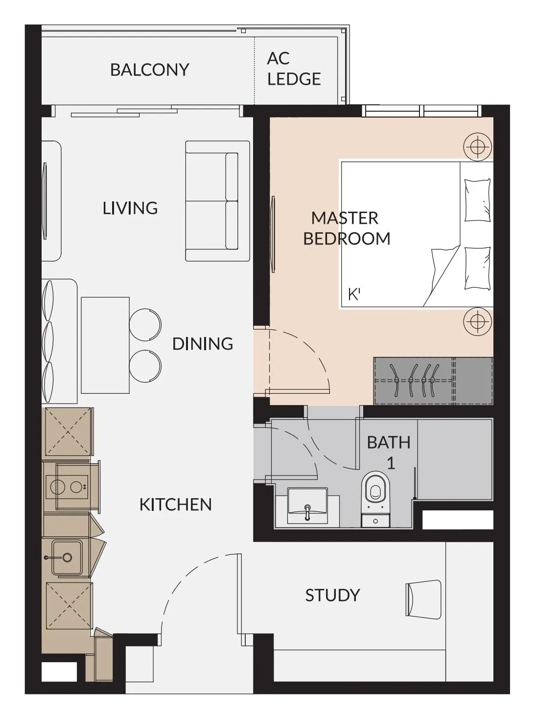 Laurel Residence Type A floor plan, 495 sqft, 1+1 Bedroom