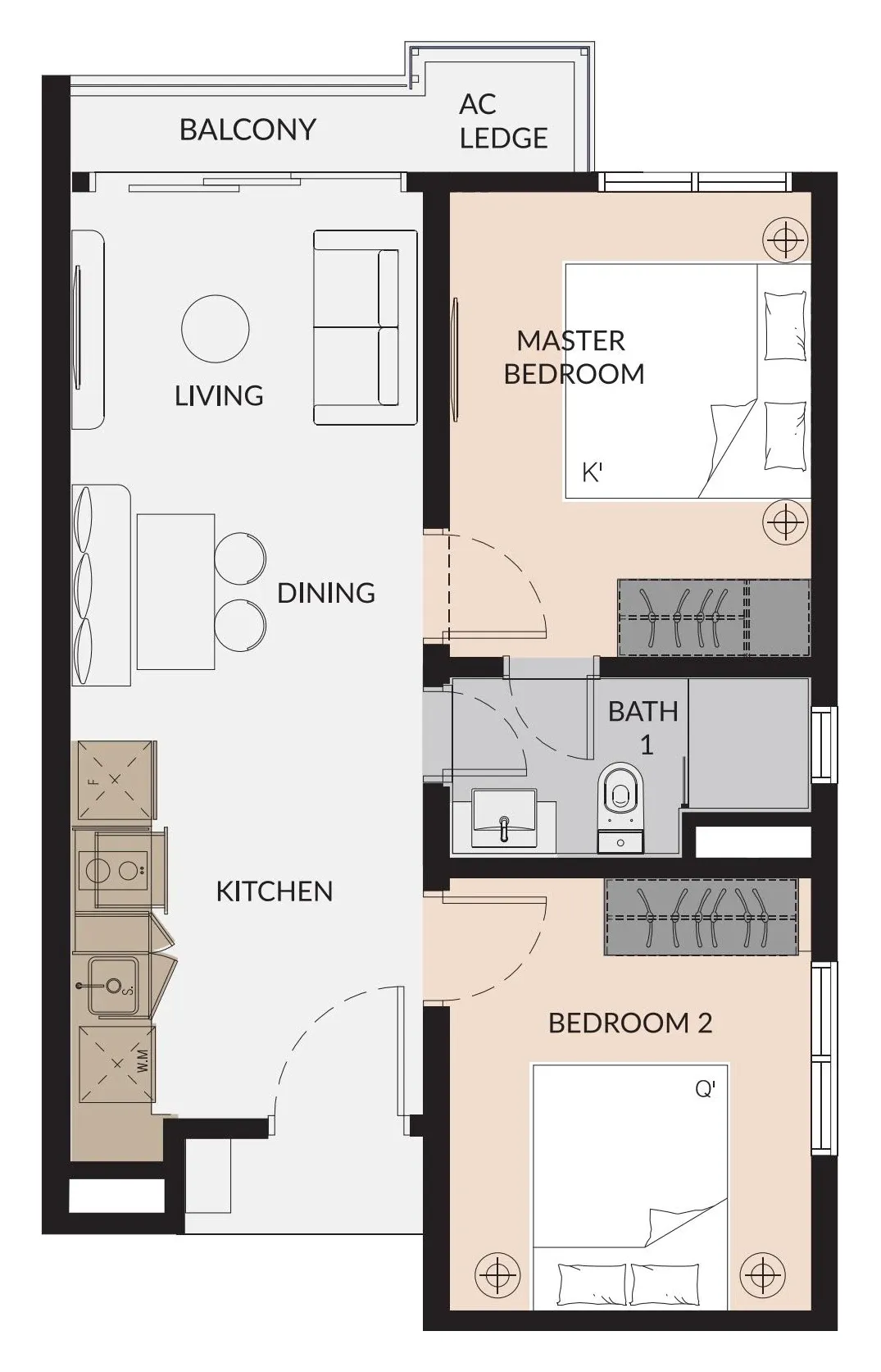 Laurel Residence Type B floor plan, 548 sqft, 2 Bedroom