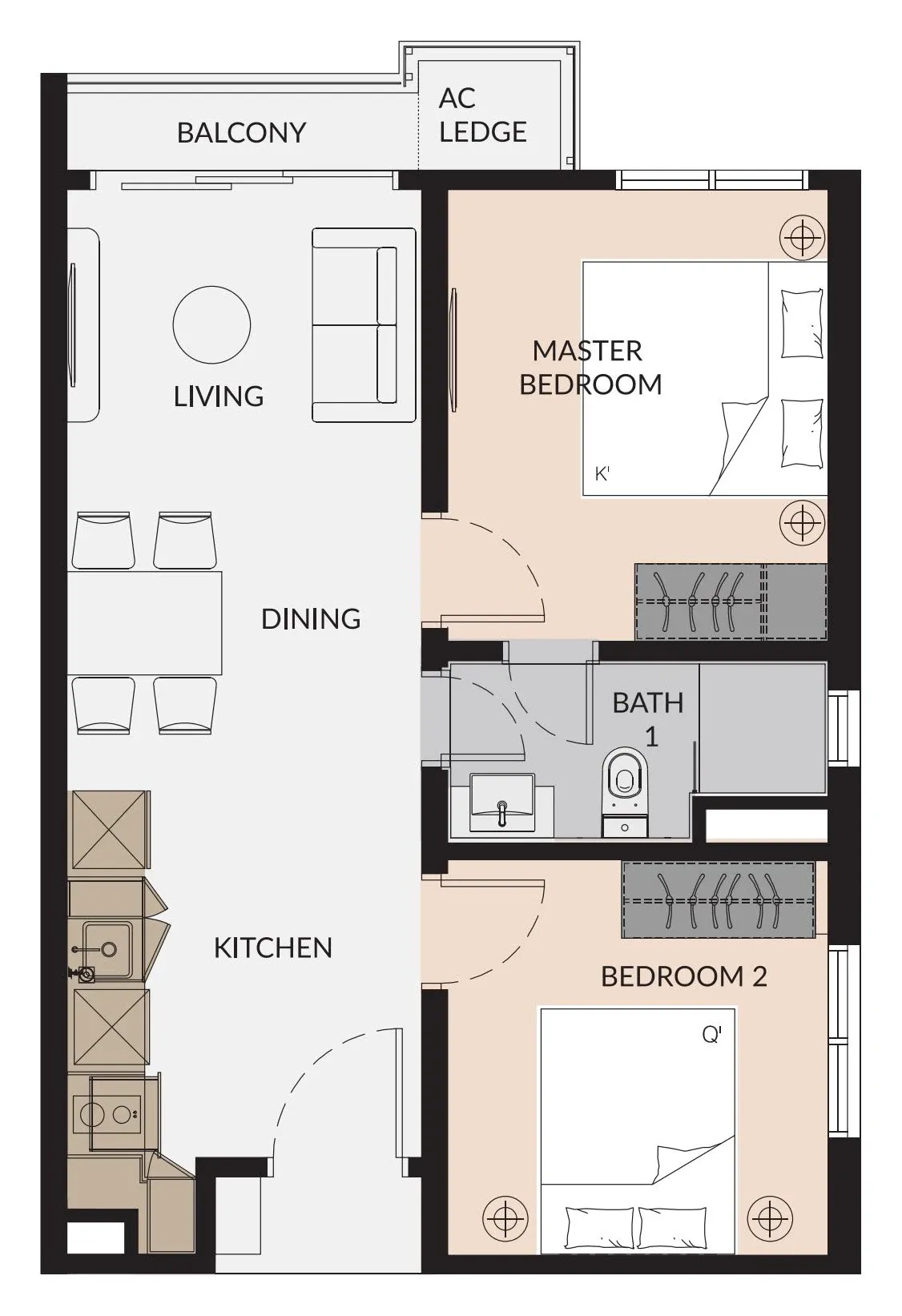 Laurel Residence Type C floor plan, 590 sqft, 2 Bedroom