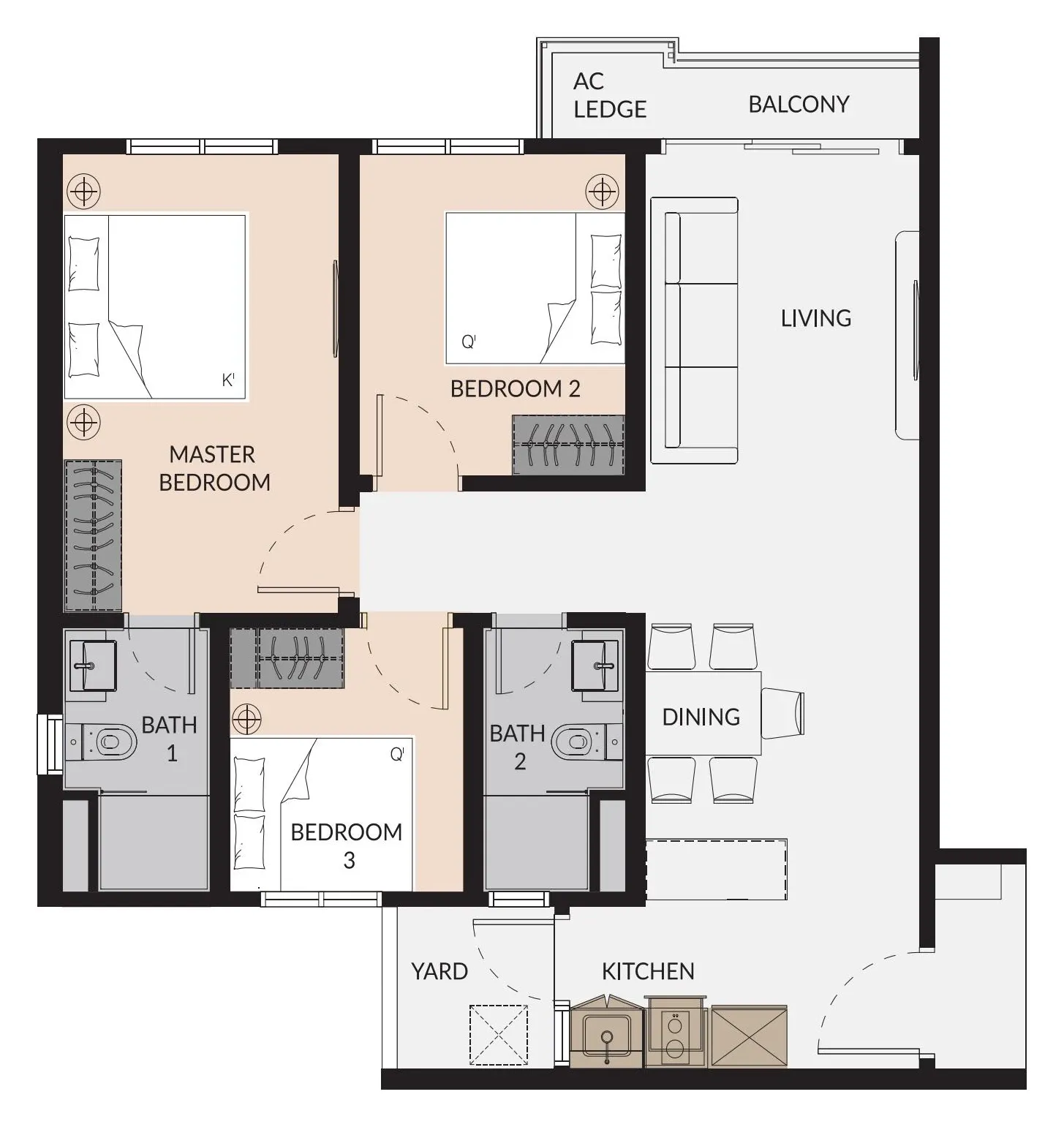 Laurel Residence Type E floor plan, 853 sqft, 3 Bedroom